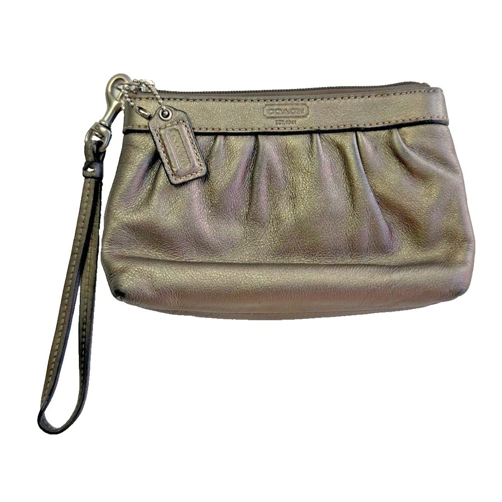 Coach Shimmer Silver Bronze Metallic Leather‎ Wristlet Clutch Bag Small Zip Top